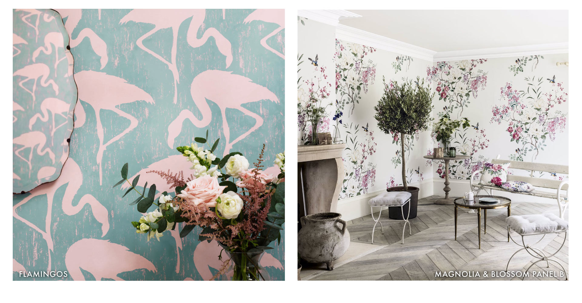 Sanderson flamingos Wallpaper and Magnolia blossom panels wallpaper