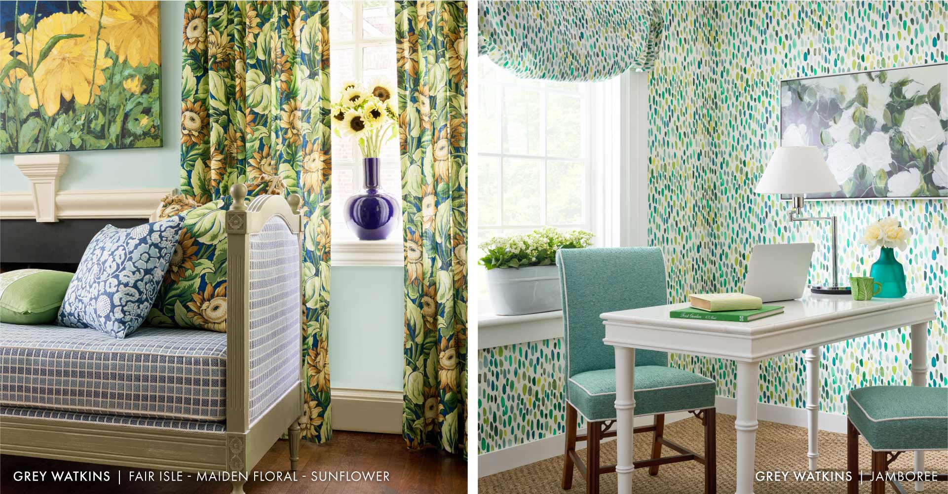 Grey Watkins Fair Isle Maiden Floral Sunflower Jamboree Fabrics and Wallpaper