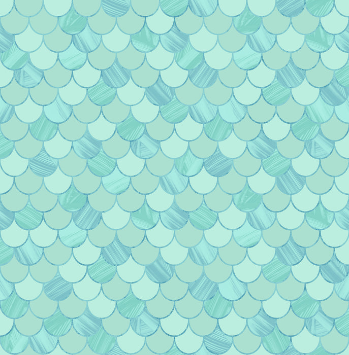 Seabrook Designs Catalina Scales Turquoise, Fog Green, And Metallic Wallpaper Sample TA20902