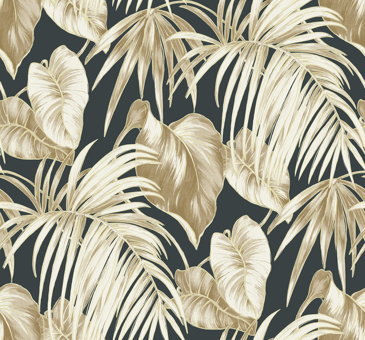 Seabrook Designs Dominica Black, Metallic Gold, Camel, And White Wallpaper Sample TA21600