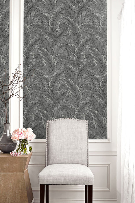 Seabrook Designs Tropical Leaves Silver Wallpaper Sample UK10004