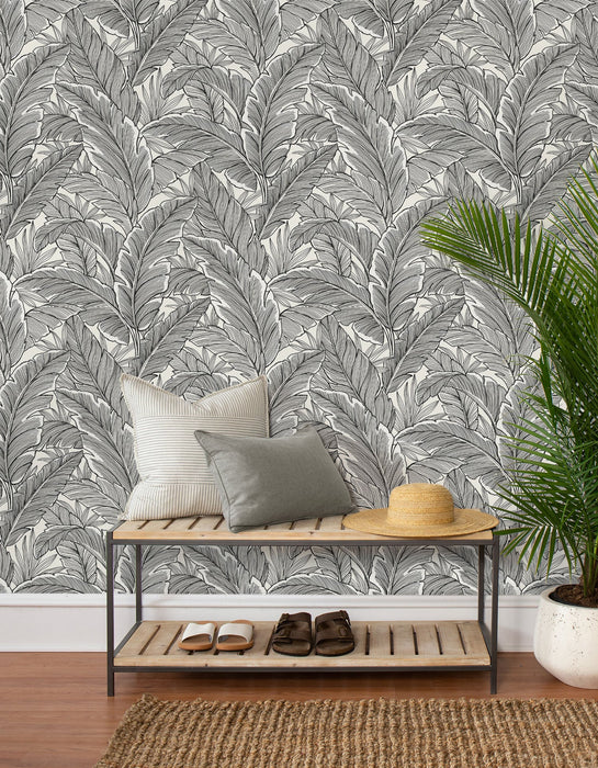 Seabrook Designs Tropical Leaves Pearl & Ebony Wallpaper UK10005