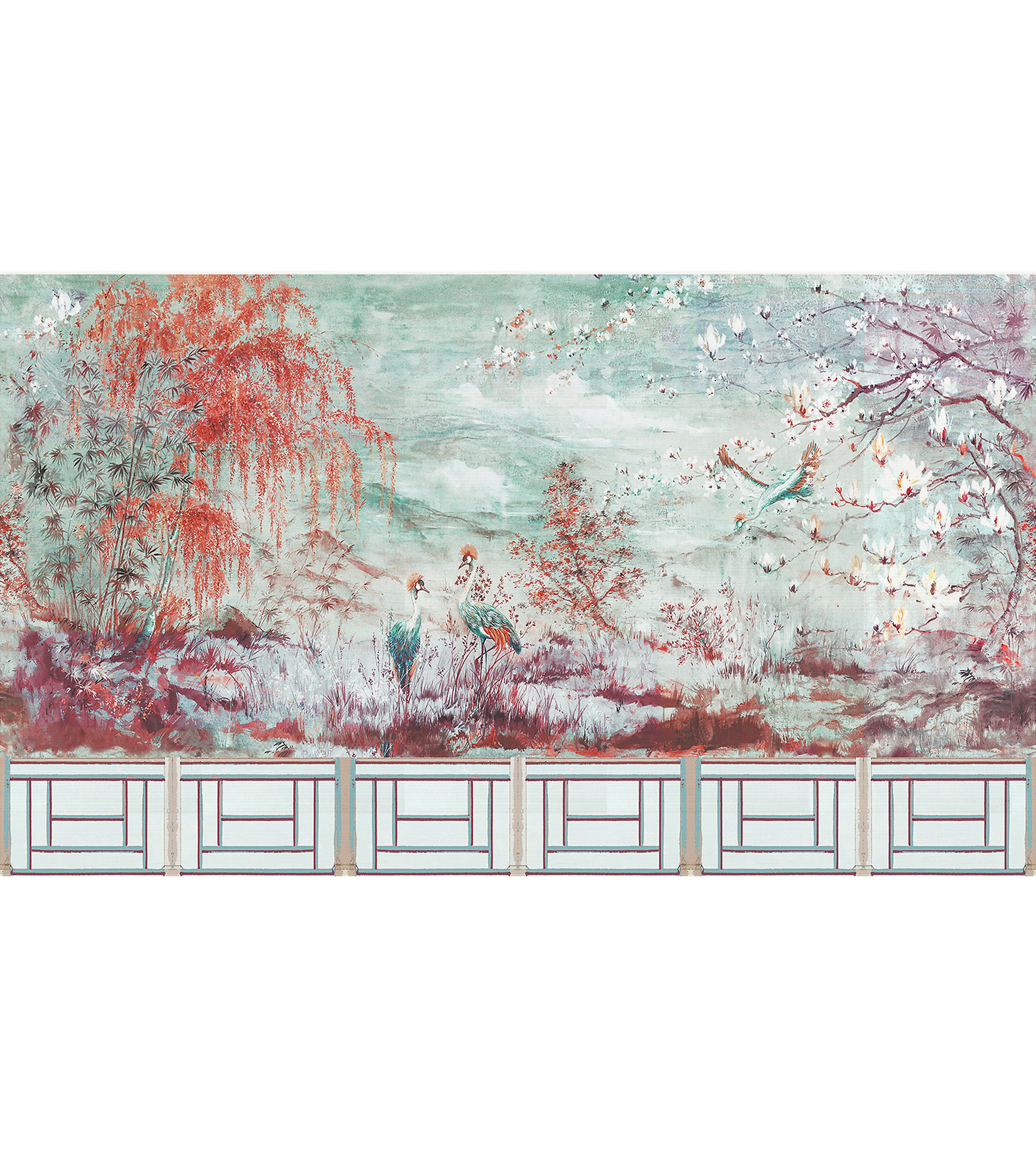 Nicolette Mayer Crested Crane Mural - Set Turquoise Red Wallcovering Sample WNMSET2CRES