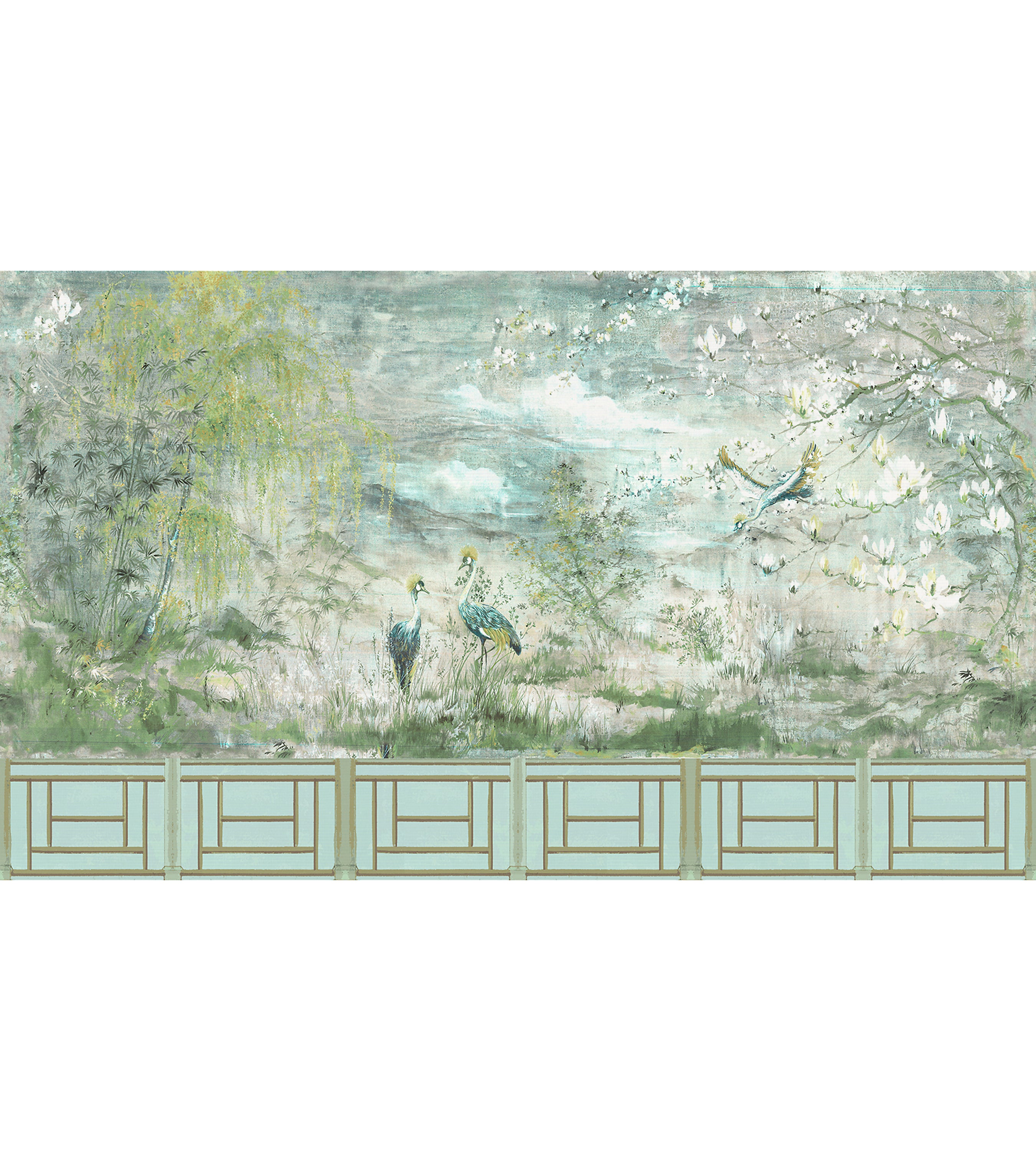 Nicolette Mayer Crested Crane Mural - Set Green Gold Wallcovering WNMSET4CRES