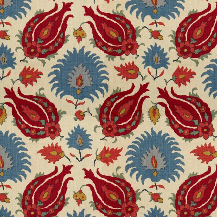 Brunschwig & Fils Kashmiri Linen Print Pomegranate/Blue Fabric Sample BR-700020.176.0