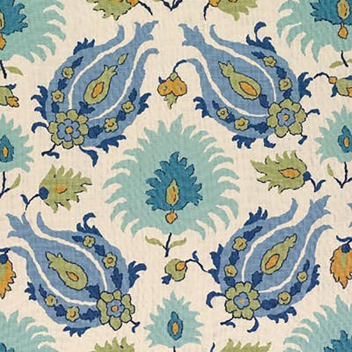 Brunschwig & Fils Kashmiri Linen Print Peridot/Aquamarine Fabric Sample BR-700020.421.0