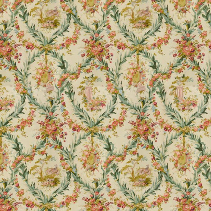 Brunschwig & Fils Fontainebleau Glazed Chintz Red Green And Gold On Cream Fabric Sample BR-70348.0.0