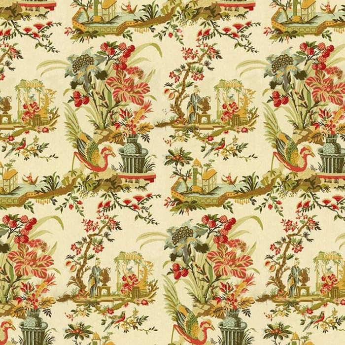 Brunschwig & Fils Le Lac Linen Print Teal And Melon On Cream Fabric Sample BR-71163.A.0