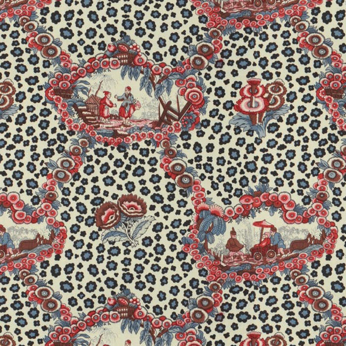 Brunschwig & Fils Chinese Leopard Toile Shades Of Red & Blue Fabric Sample BR-79227.01.0