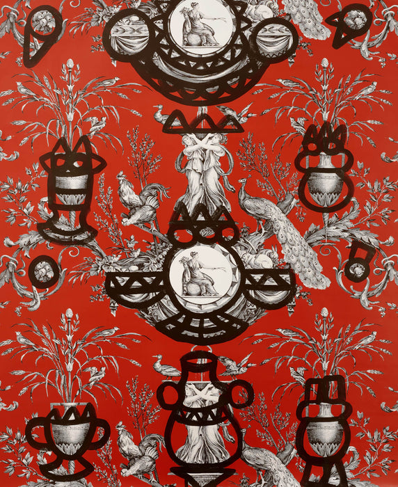 Pierre Frey Fontaine Et Animaux Barbouillage Rouge D'Orient Wallpaper Sample FP568004