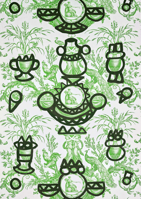 Pierre Frey Fontaine Et Animaux Barbouillage Vert Printemps Fabric Sample F3379003