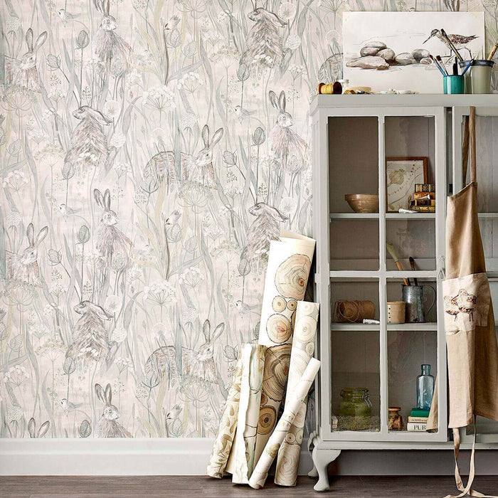 Sanderson Dune Hares Mist/Pebble 216518 Wallpaper DEBB216518