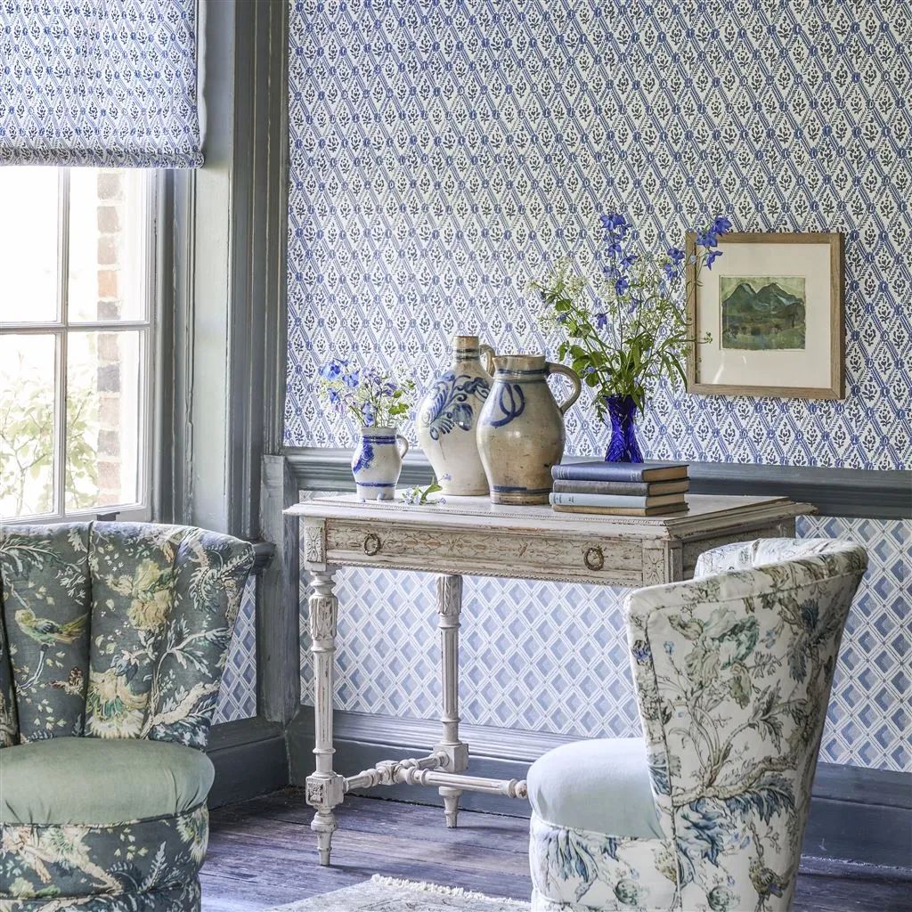 English Heritage St John Street Trellis Woad Wallpaper PEH0003/06