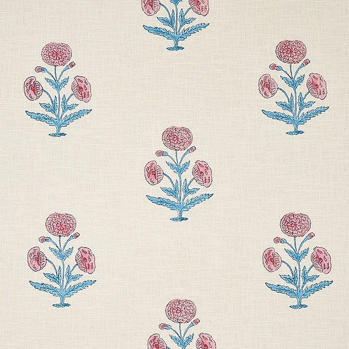 Schumacher Poppy Hand Block Print Rose & Sky Fabric 179840