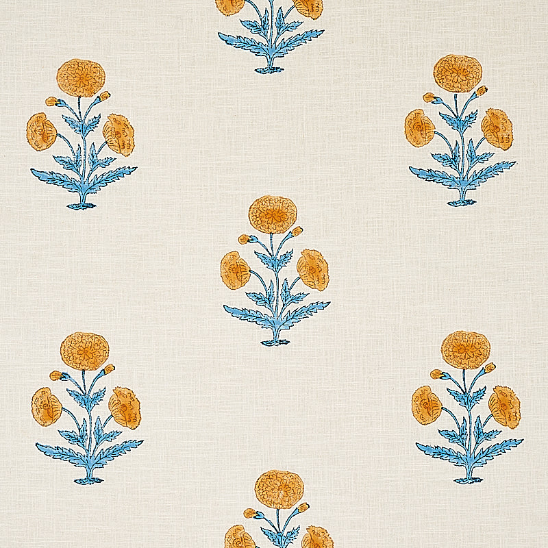 Schumacher Poppy Hand Block Print Mustard & Sky Fabric 179841