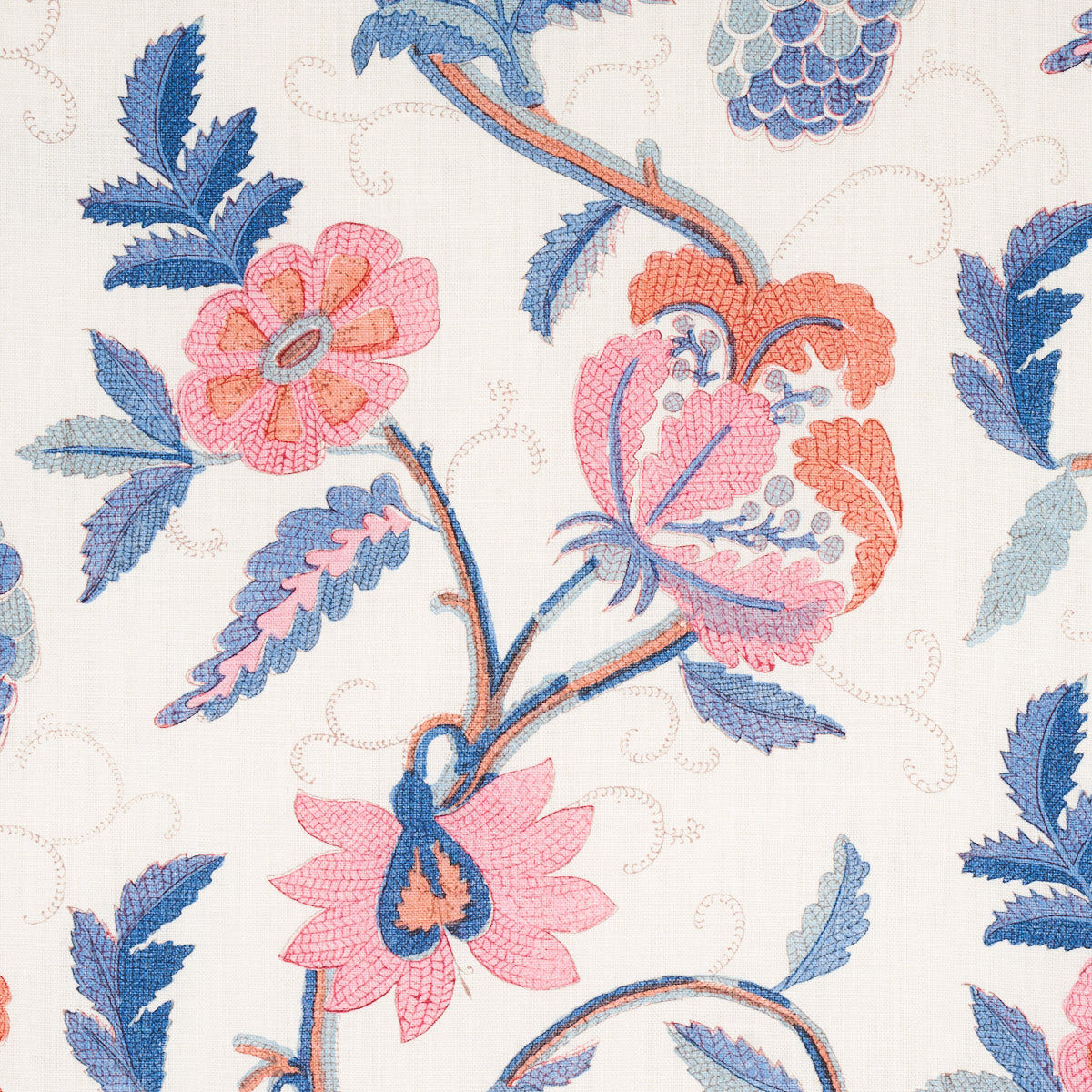 Schumacher Indali Bordered Linen Rose And Indigo Fabric 180112