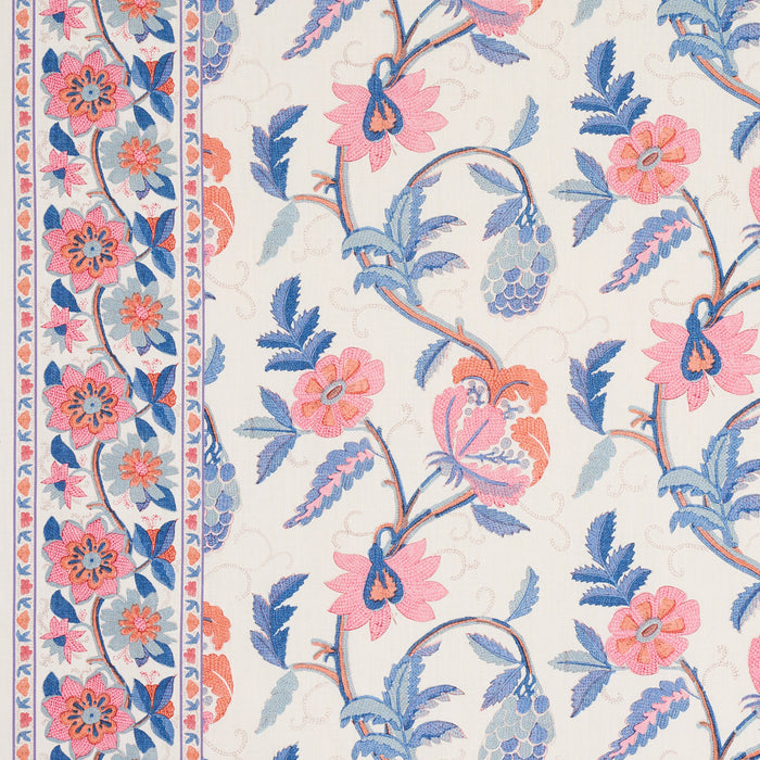 Schumacher Indali Bordered Linen Rose And Indigo Fabric Sample 180112