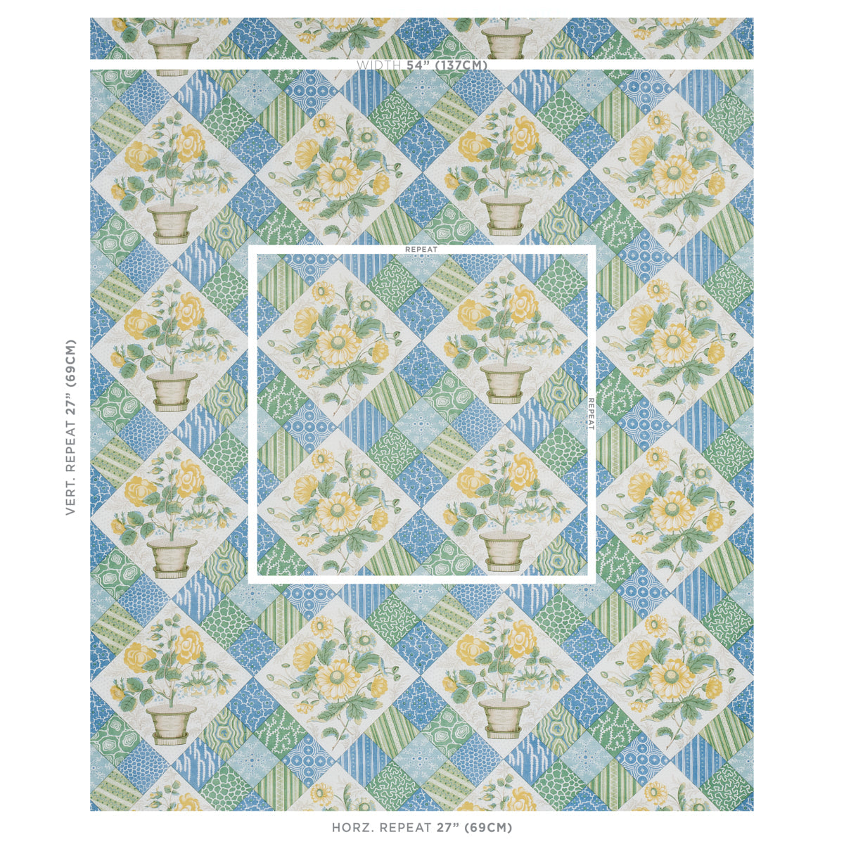 Schumacher Caldwell Patchwork Chintz Yellow And Cornflower Fabric Sample 180120