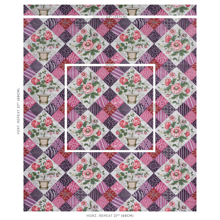 Schumacher Caldwell Patchwork Chintz Fuschia And Plum Fabric Sample 180121