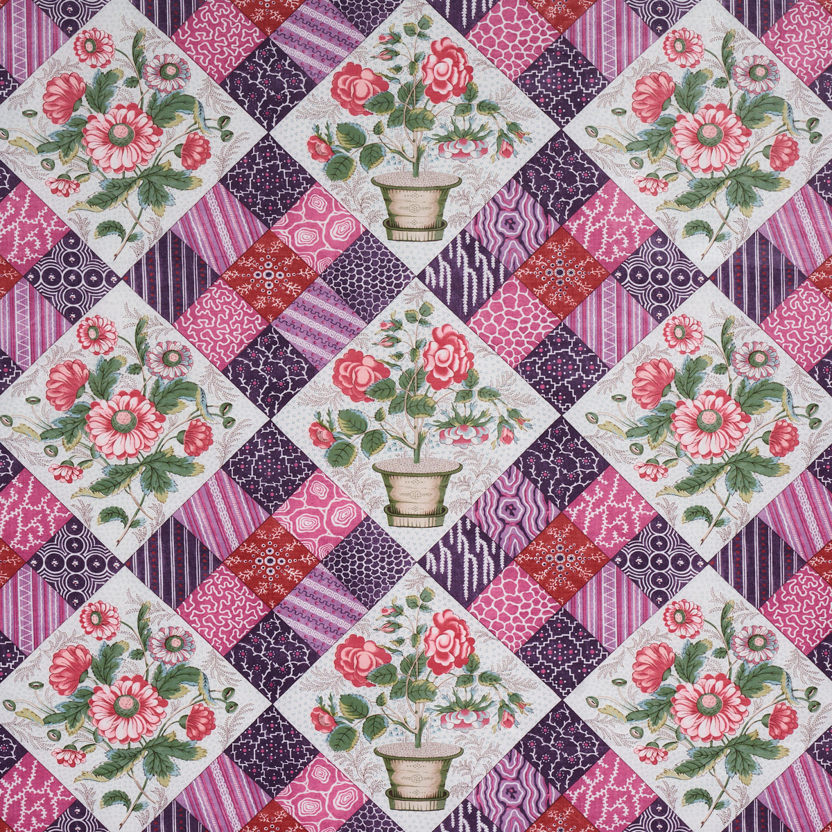 Schumacher Caldwell Patchwork Chintz Fuschia And Plum Fabric 180121