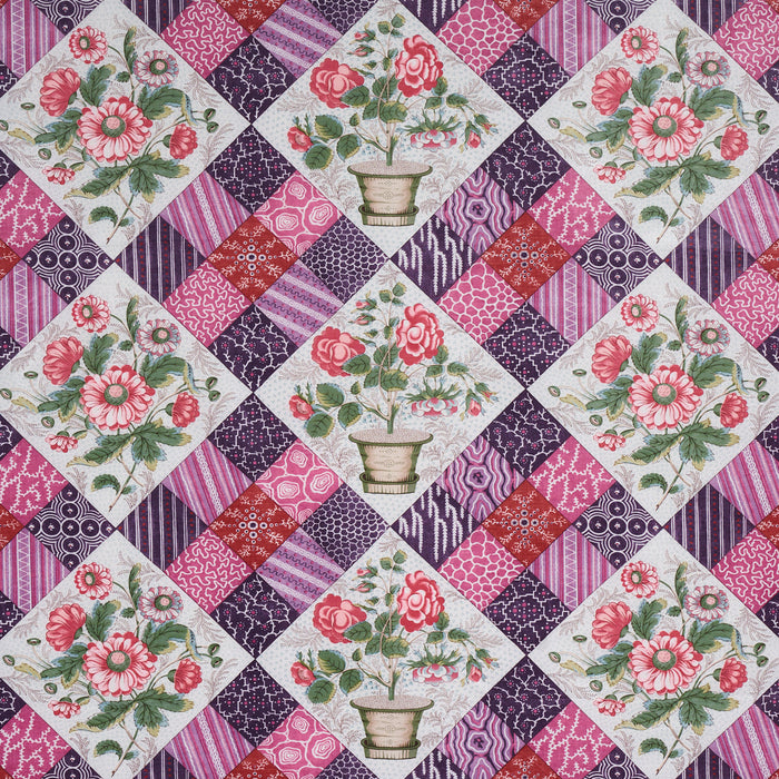 Schumacher Caldwell Patchwork Chintz Fuschia And Plum Fabric Sample 180121