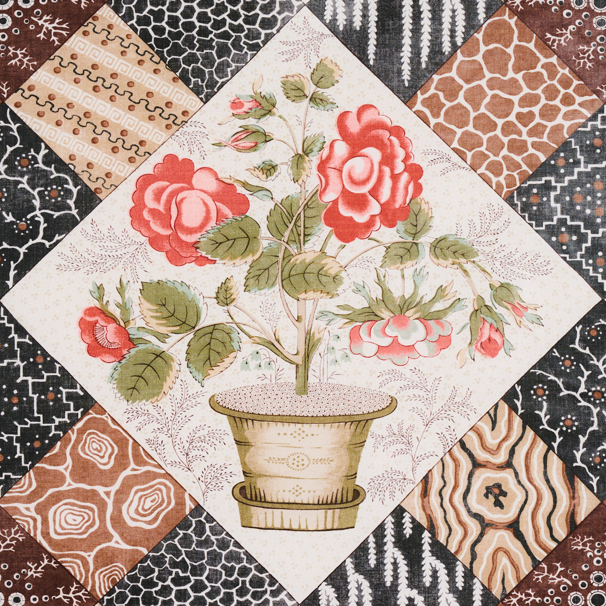 Schumacher Caldwell Patchwork Chintz Rose And Chocolate Fabric 180122