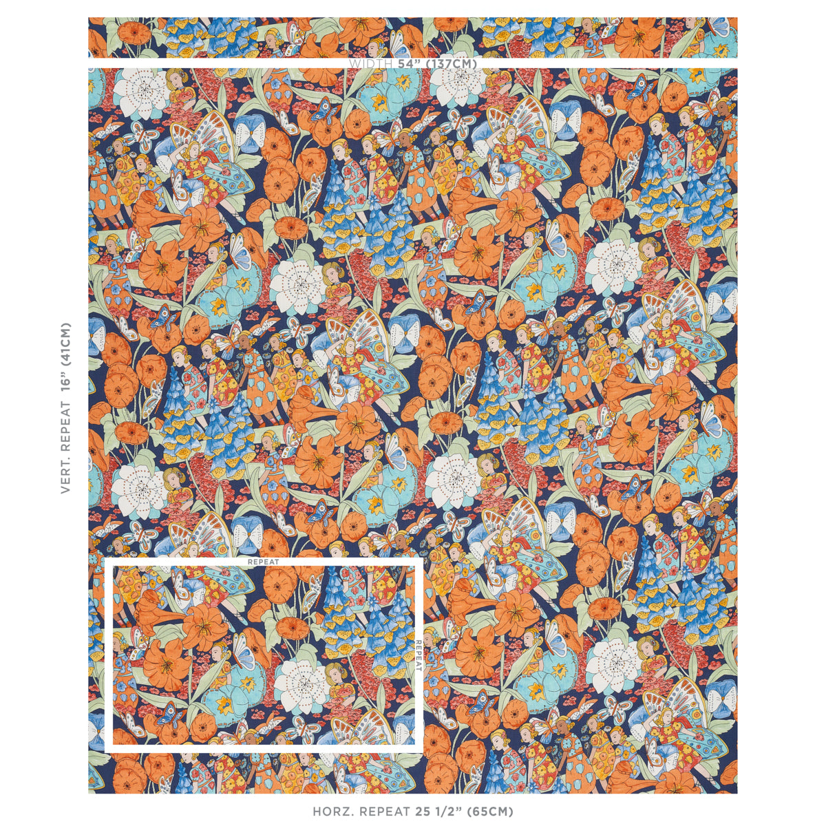 Schumacher Fairie Garden Orange And Navy Fabric 180141