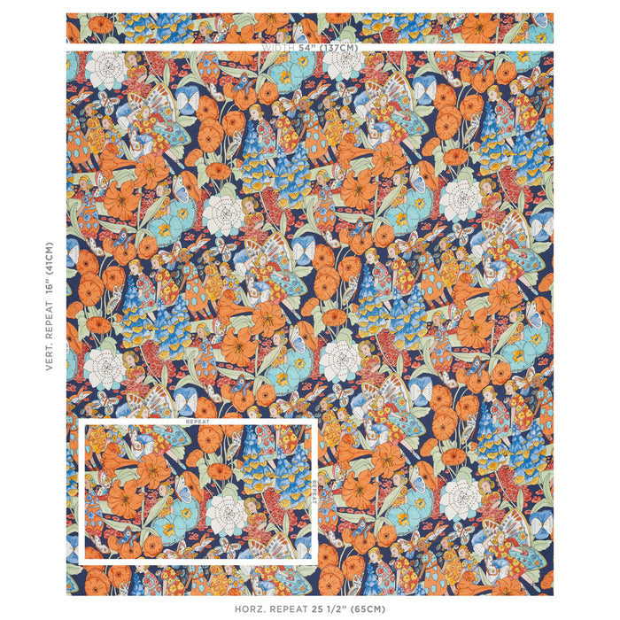 Schumacher Fairie Garden Orange And Navy Fabric Sample 180141