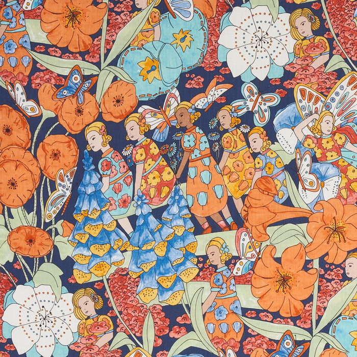 Schumacher Fairie Garden Orange And Navy Fabric 180141