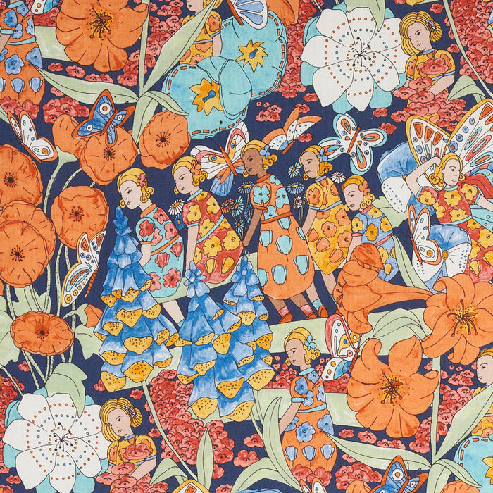 Schumacher Fairie Garden Orange And Navy Fabric Sample 180141