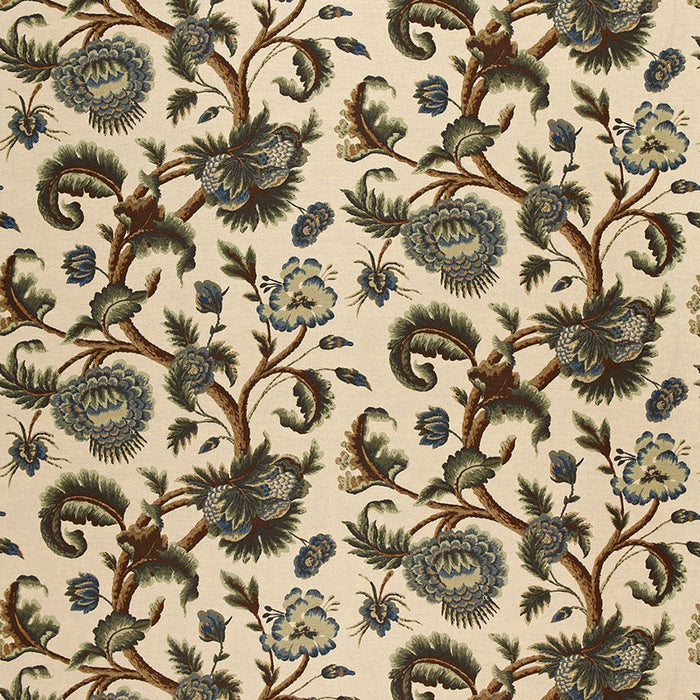 Schumacher Jacobean Printed Crewel Multi Blues Wood Tones Fabric Sample 2639314