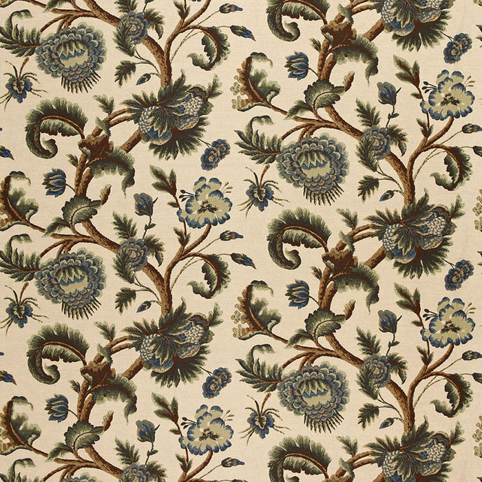 Schumacher Jacobean Printed Crewel Multi Blues Wood Tones Fabric 2639314