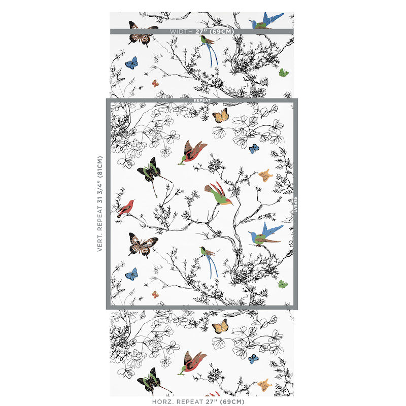 Schumacher Birds & Butterflies Multi On White Wallpaper 2704420