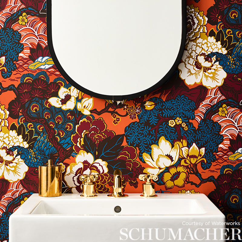 Schumacher Shanghai Peacock Cinnabar Wallpaper 5006992