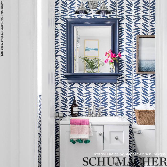 Schumacher Leaf Stripe Marine Wallpaper 5007512