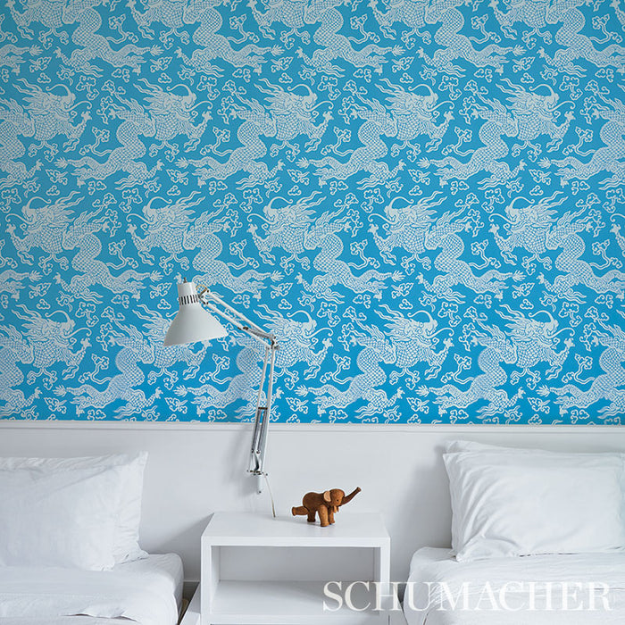 Schumacher Ruan Dragon Damask Blue Wallpaper 5010881