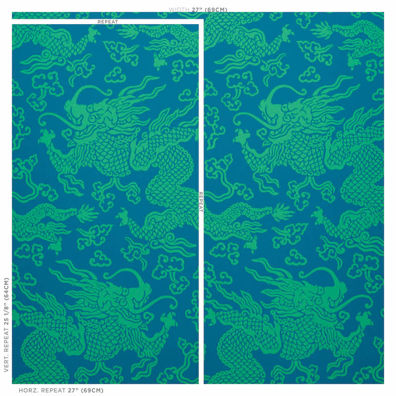 Schumacher Ruan Dragon Damask Peacock Wallpaper 5010882