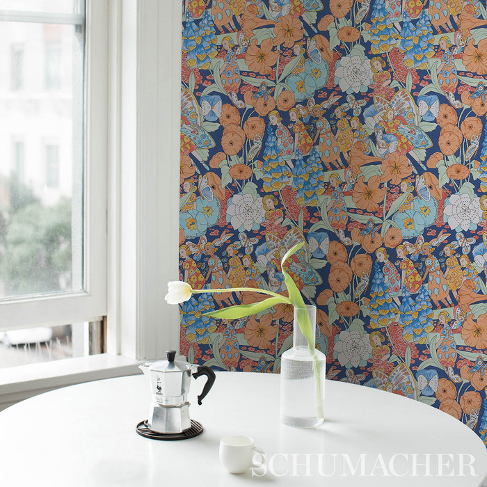 Schumacher Fairie Garden Orange And Navy Wallpaper 5013540