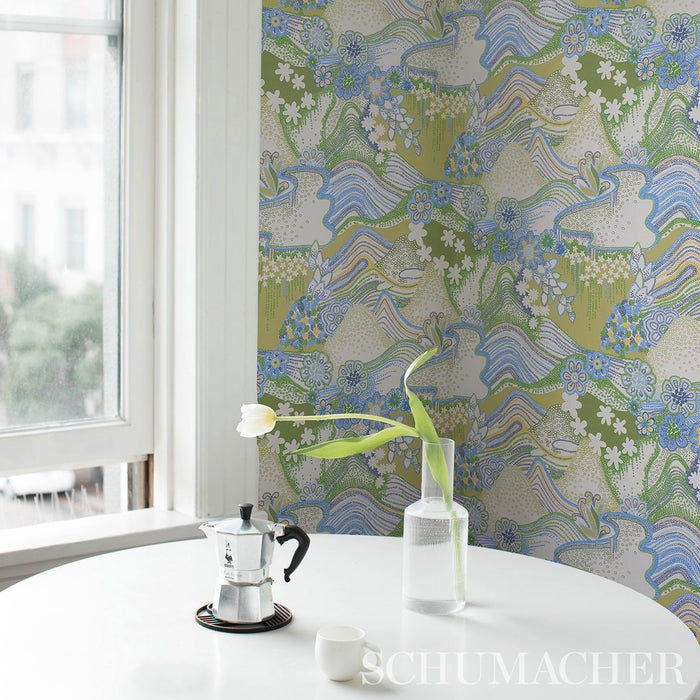 Schumacher Daisy Chain Green And Blue Wallpaper 5013552