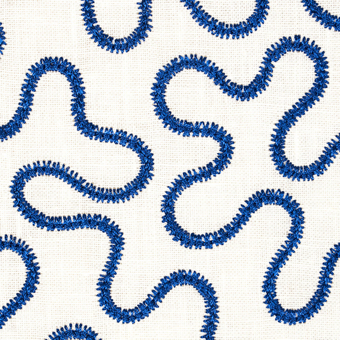 Schumacher Meander Embroidery Blue On Ivory Fabric 67603