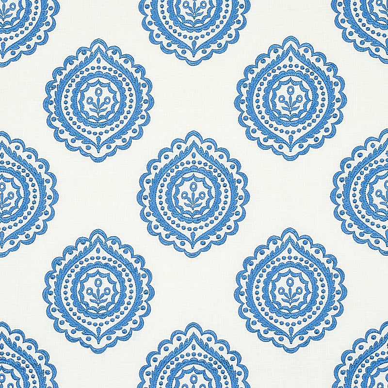 Schumacher Olana Linen Embroidery Blue Fabric Sample 70206