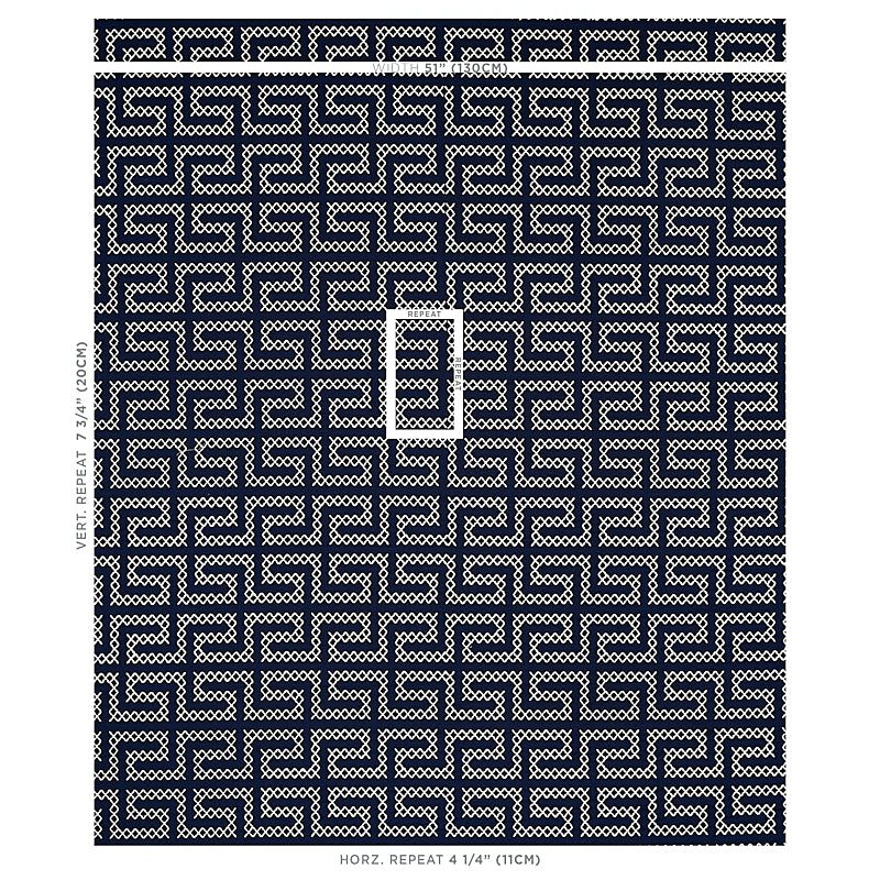 Schumacher A Maze Embroidery Navy Fabric 70233