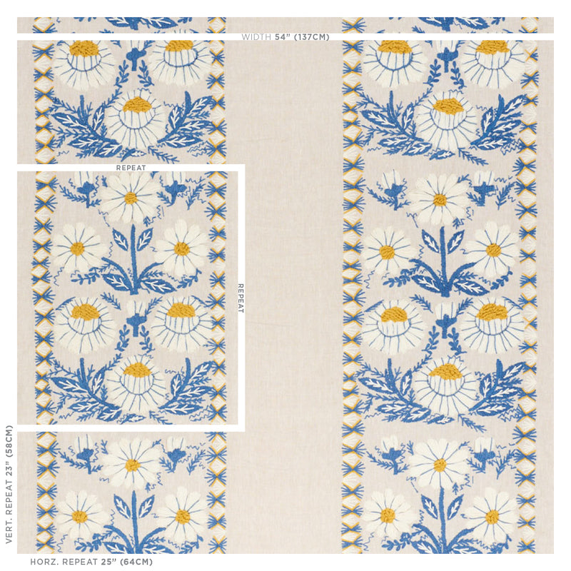 Schumacher Marguerite Embroidery Blue & Ochre Fabric 72332