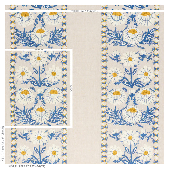 Schumacher Marguerite Embroidery Blue & Ochre Fabric 72332