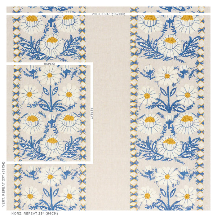 Schumacher Marguerite Embroidery Blue & Ochre Fabric Sample 72332