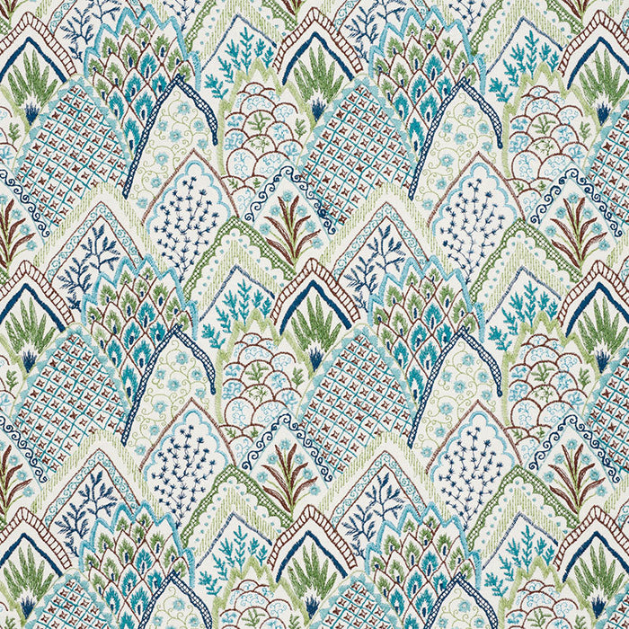 Schumacher Albizia Embroidery Blue & Green Fabric Sample 76311