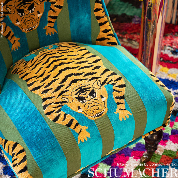 Schumacher Jokhang Tiger Velvet Peacock & Olive Fabric Sample 77230