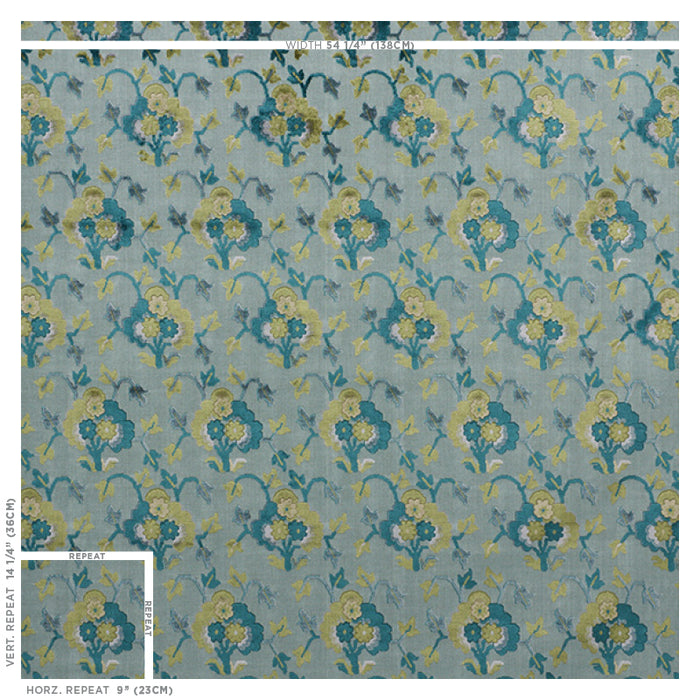 Schumacher Jennie Velvet Peacock & Celadon Fabric 77742