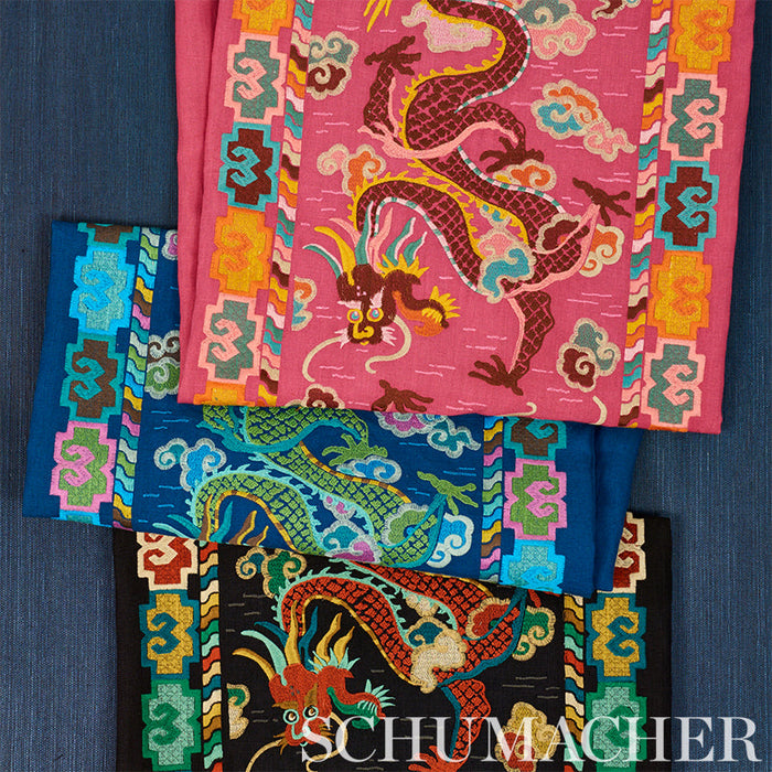 Schumacher Lotan Dragon Embroidery Black Fabric Sample 78090