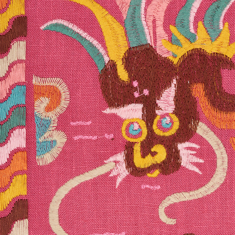 Schumacher Lotan Dragon Embroidery Pink Fabric Sample 78092